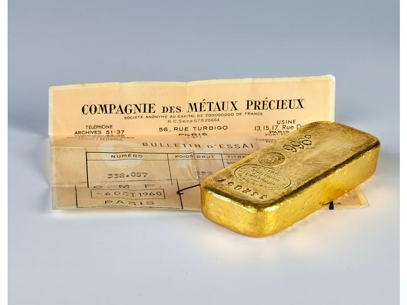 Vente d'or : Lingot ancien avec certificat d'essai de la Compagnie des Métaux Précieux